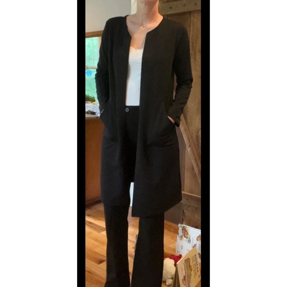 Collarless black duster blazer long jacket with pockets